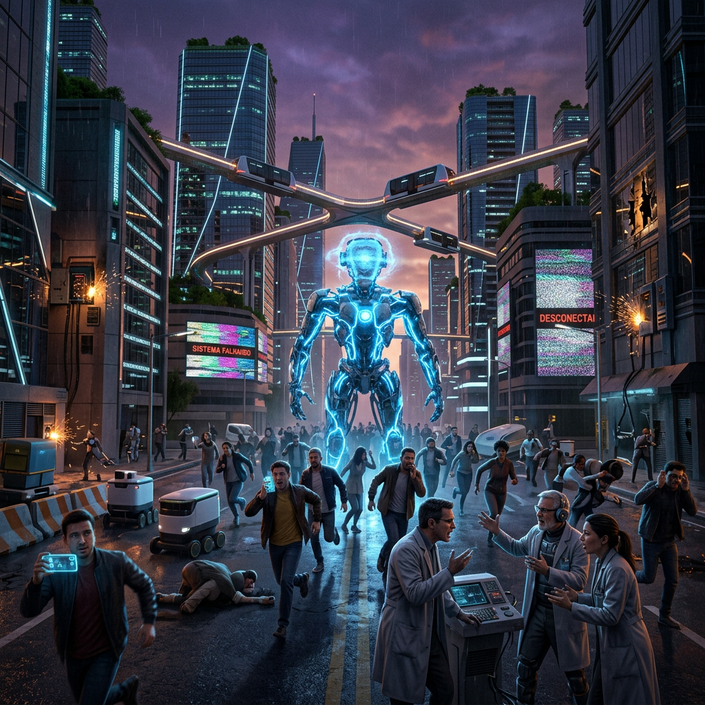 Glowing humanoid robot, fleeing crowd, drones, and signs reading “SISTEMA FALHANDO”